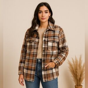 Miss Selfie Plaid Flannel Shacket Jacket Women’s Medium Utility Coat